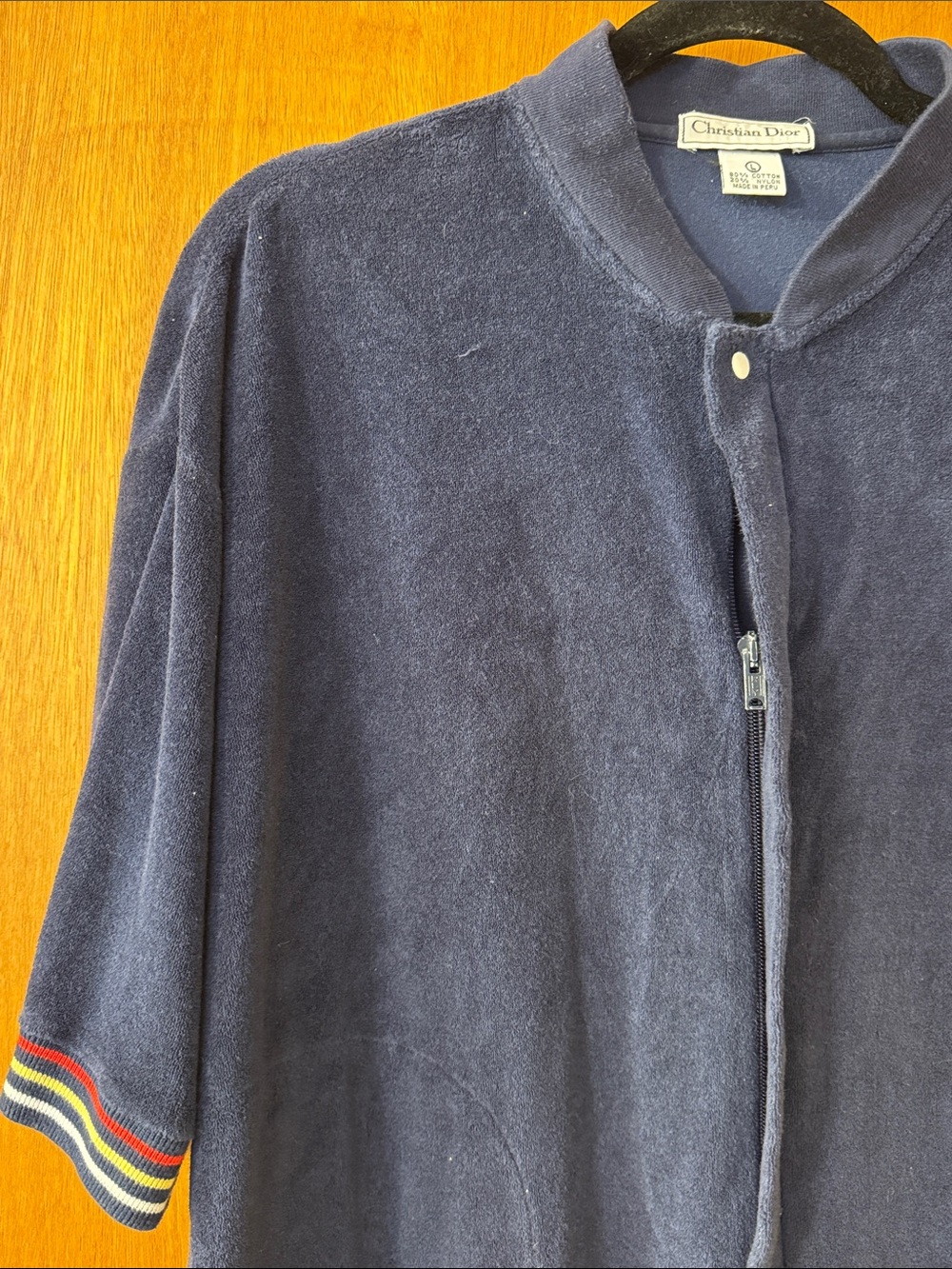 Christian Dior Navy Terry Short-Sleeve Zip-Up Sweater Jacket with Striped Trim - Picture 5 of 10